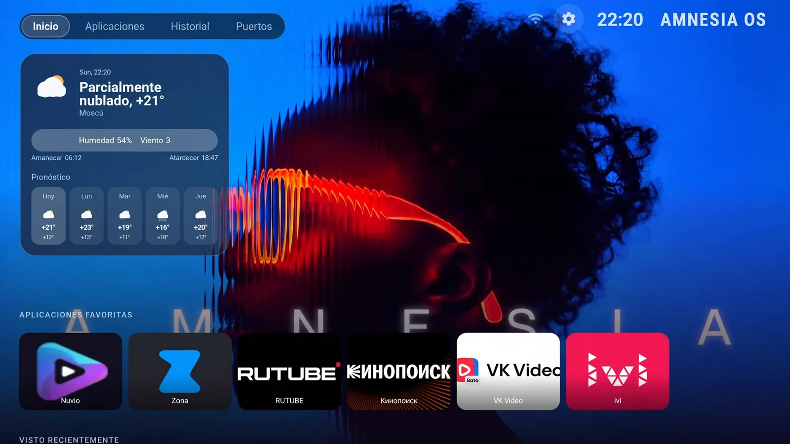 Interfaz de AmnesiaOS — pantalla de inicio